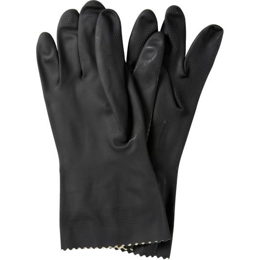 Ein Paar Abena Re-Seller GmbH Haushaltshandschuhe Latex, Schwarz mit strukturiertem Griff an Fingern und Handflächen überlagern sich, dargestellt vor einem weißen Hintergrund.