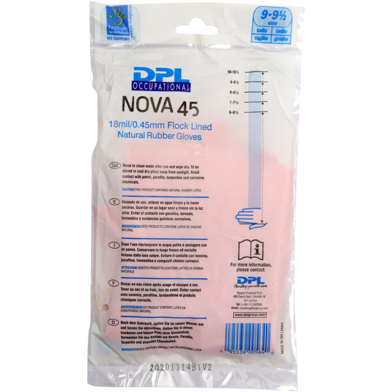 Eine durchsichtige Plastikverpackung enthält Abena Re-Seller GmbH Haushaltshandschuhe Latex, Pink. Auf der Verpackung sind Größe, 18mil/0,45mm Dicke, Flockfutter, Gebrauchs- und Pflegehinweise angegeben. Die rosa Handschuhe sind innen sichtbar.