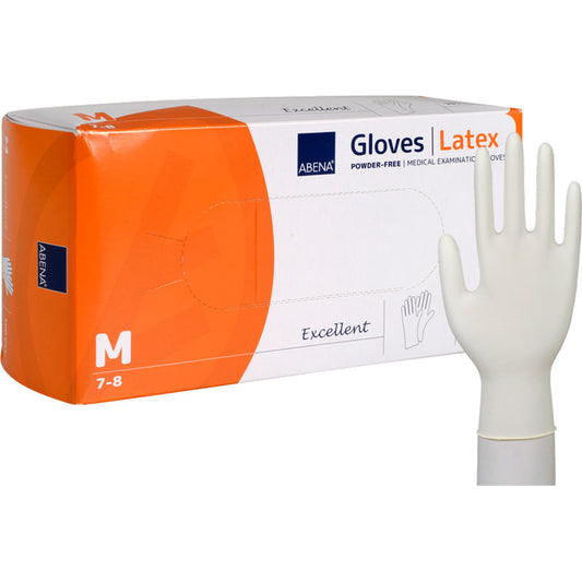 Eine Box Abena Re-Seller GmbH Latex-Handschuhe Excellent, puderfrei, Größe Medium (7-8), mit einem einzelnen Einweghandschuh vor der weiß-orangenen Verpackung.