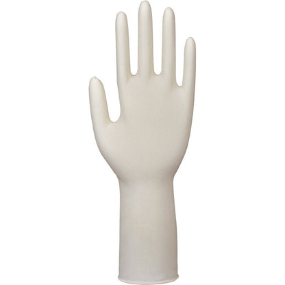 A single Latex Glove Classic, Powder-Free, Long, Natural from Abena Re-Seller GmbH stands upright with five extended and slightly spread fingers on a white background, highlighting its medical design.
