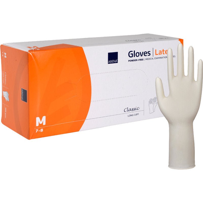 A box of Abena Re-Seller GmbH Latex Gloves Classic, powder-free, long, natural, size Medium stands next to an upright glove; the orange-white packaging indicates product labeling and long protection.