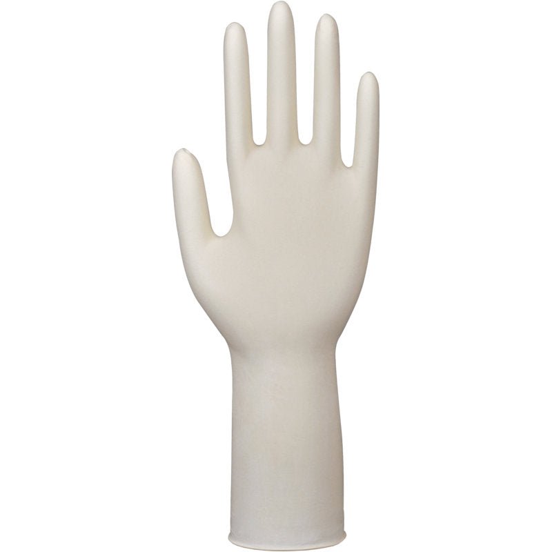 A single Abena Re-Seller GmbH Latex Glove Classic, powder-free, long, natural is presented upright with the palm facing forward and extended fingers to emphasize its professional design.