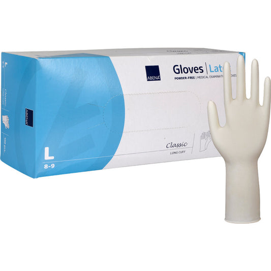 Eine blau-weiße Schachtel mit der Aufschrift "Latex-Handschuhe Classic, Puderfrei, Lang, Natur" der Abena Re-Seller GmbH zeigt die große Größe und ein Handschuhbild. Daneben steht ein einzelner puderfreier Latexhandschuh, der einen erweiterten Schutz bietet.