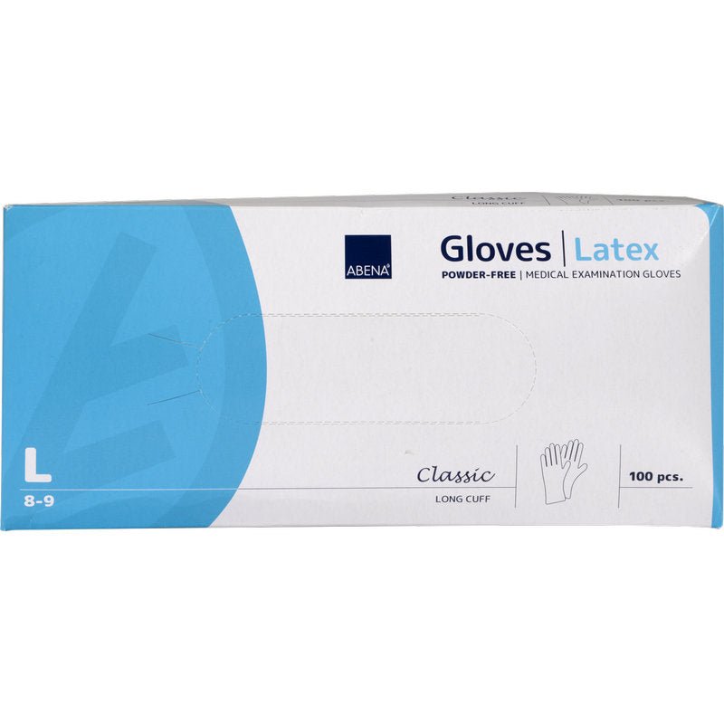 A blue-white box of Abena Re-Seller GmbH Latex Gloves Classic, powder-free, long, natural, size large (8-9), with classic long protective cuff; contains 100 medical examination gloves.