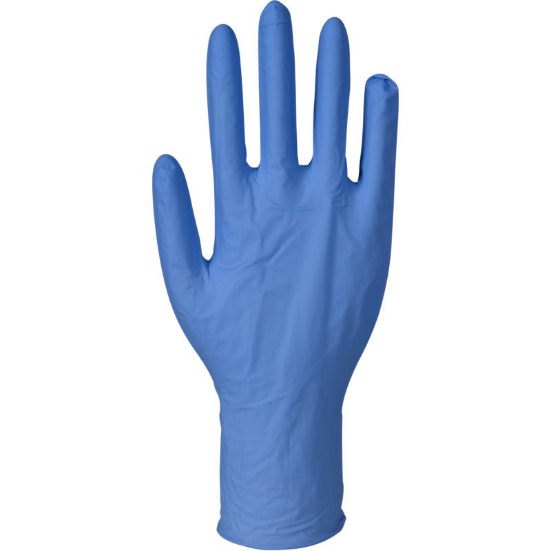 A single Abena Re-Seller GmbH Nitrile Glove Excellent, Powder-Free, Long, Blue is depicted upright with outstretched, slightly splayed fingers, with the front of the glove visible against a white background.