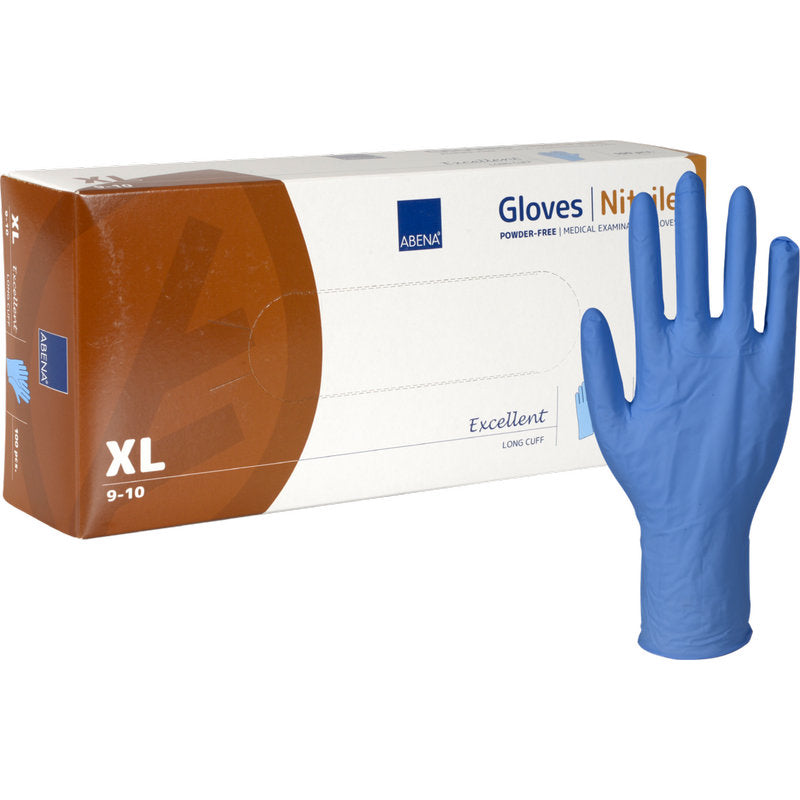 Die Abbildung zeigt eine Box der Nitril-Handschuhe Excellent, Puderfrei, Lang, Blau von Abena Re-Seller GmbH (Größe XL) mit einem einzelnen aufrecht stehenden Handschuh - ideal für medizinische Untersuchungen.