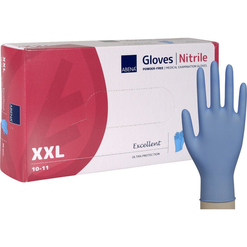 A box labeled "Nitrile Gloves Excellent, Powder-Free, Blue" from Abena Re-Seller GmbH is pictured, next to it a blue glove on a mannequin hand.