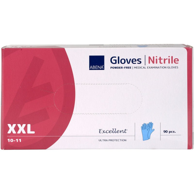 A box of Abena Re-Seller GmbH Nitrile Gloves Excellent, powder-free, blue, size 10-11 contains 90 pieces. The packaging is predominantly white with red accents and a blue glove symbol on the front.