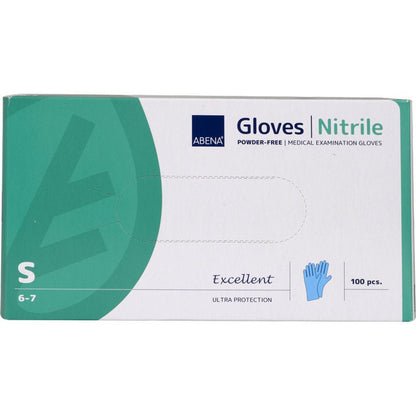 A box of Abena Re-Seller GmbH Nitrile Gloves Excellent, powder-free, blue, size small (6-7), comes in a white-green "Excellent Ultra Protection" packaging and contains 100 medical examination gloves.