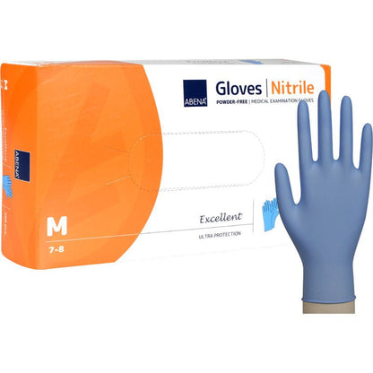 A pack of "Nitrile Gloves Excellent, powder-free, blue" from Abena Re-Seller GmbH. A single blue glove stands upright next to the box labeled as medical examination gloves.