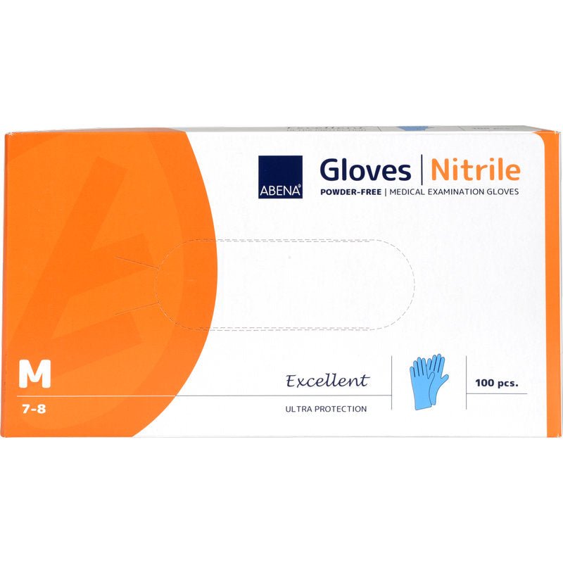 A box of Abena Re-Seller GmbH Nitrile Gloves Excellent, powder-free, blue, size medium (7-8), contains 100 gloves. The mostly white box has an orange section and a blue glove illustration.