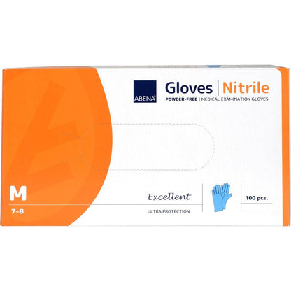 A box of Abena Re-Seller GmbH Nitrile Gloves Excellent, powder-free, blue, size medium (7-8), contains 100 gloves. The mostly white box has an orange section and a blue glove illustration.