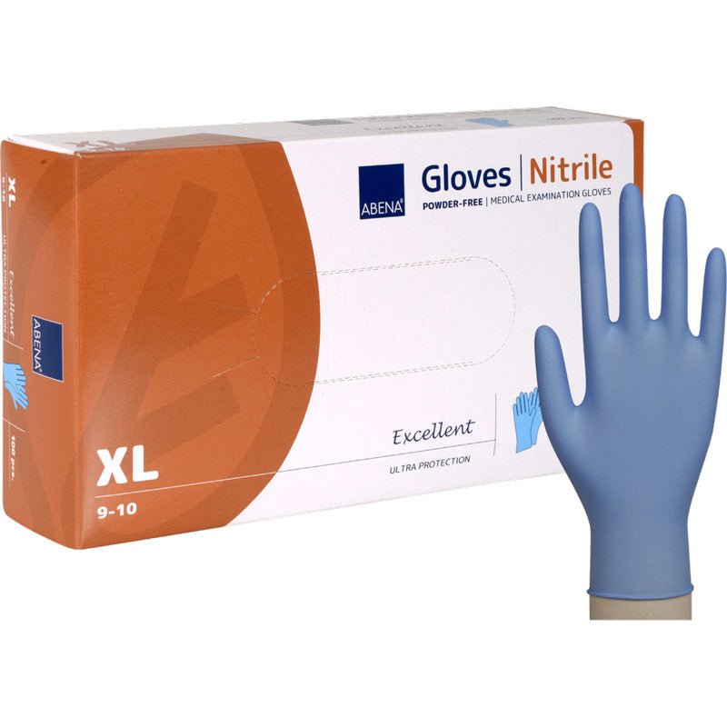 A box of Abena Re-Seller GmbH Nitrile Gloves Excellent, powder-free, blue in XL, with a blue glove standing upright next to it. The packaging reads "Excellent Ultra Protection".