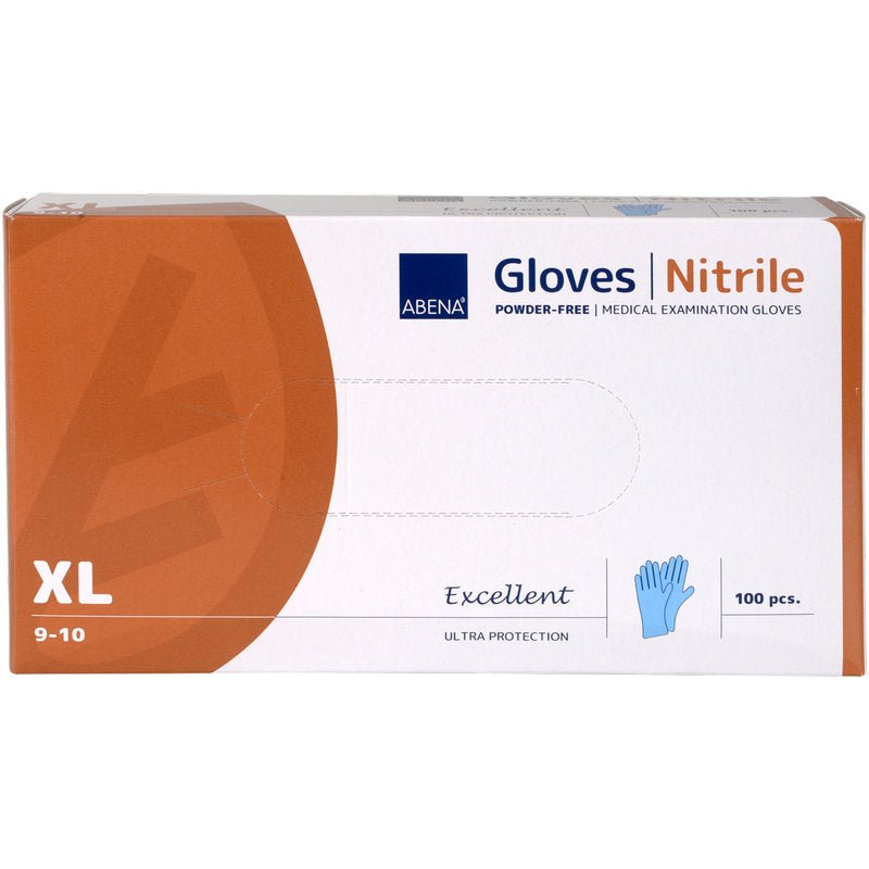 A box of Abena Re-Seller GmbH Nitrile Gloves Excellent in XL, powder-free, blue (100 pieces). The mostly white box has orange accents and shows a blue glove illustration.