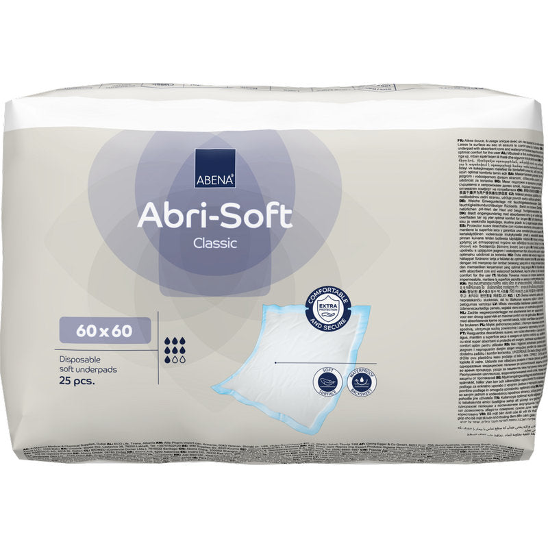 Eine Packung der Abena Re-Seller GmbH Einweg-Unterlage Abri-Soft Classic, 60x60 cm, Blau, enthält 25 Paar. Die meist weiße Verpackung hat blaue und graue Akzente mit klaren Produktinformationen und Symbolen.
