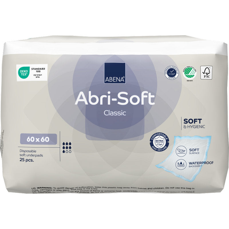 Eine Packung Abena Re-Seller GmbH Einweg-Unterlage Abri-Soft Classic, 60x60 cm, Blau (25 Paare) zeichnet sich durch eine weiche Oberfläche, hygienisches Design und zuverlässigen, wasserdichten Schutz für den täglichen Gebrauch aus.