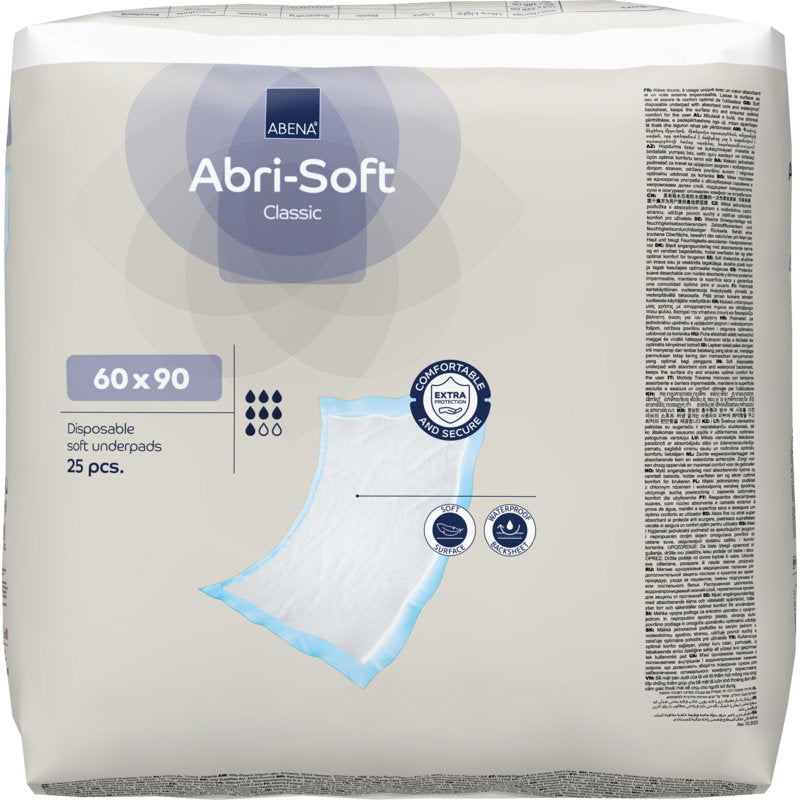 A pack of 25 Abena Re-Seller GmbH disposable underpads, Abri-Soft Classic, 60x90 cm, blue. The packaging shows product details and an image of a disposable underpad.