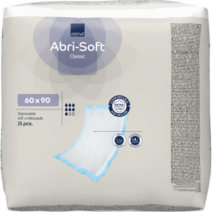 A pack of 25 Abena Re-Seller GmbH disposable underpads, Abri-Soft Classic, 60x90 cm, blue. The packaging shows product details and an image of a disposable underpad.