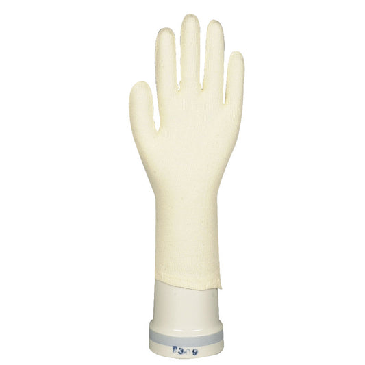 Die Abena Re-Seller GmbH Baumwollhandschuhe mit Finger, die aufrecht mit ausgestreckten Fingern und abgetrenntem Daumen auf einem weißen, zylindrischen Ständer abgebildet sind, eignen sich perfekt für Gartenarbeit und Arbeitsschutz.