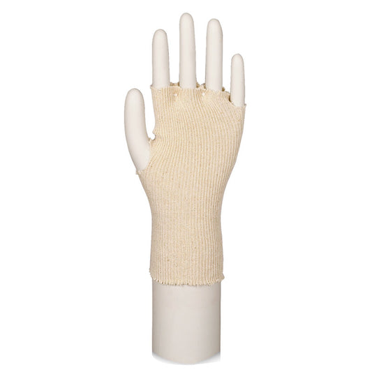 Die beigefarbenen Baumwollhandschuhe ohne Finger (Einheitsgröße, 24 Paare) der Abena Re-Seller GmbH sind auf einer weißen Handpuppe abgebildet. Sie bedecken das Handgelenk und die Handfläche, lassen aber die Finger frei.