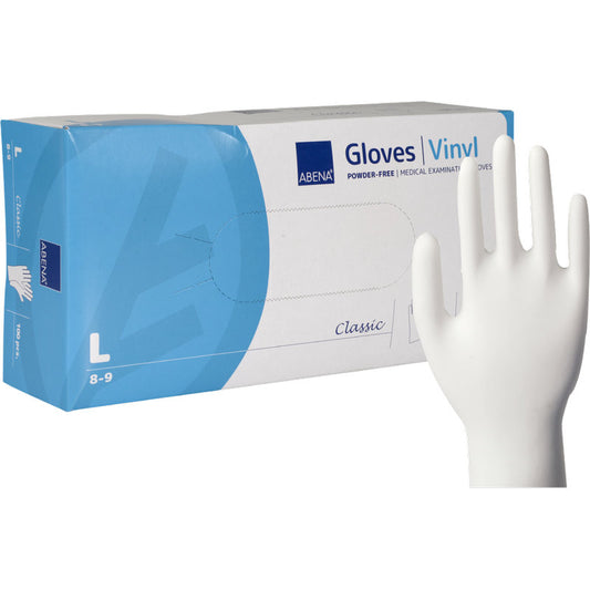 Eine Schachtel Abena Re-Seller GmbH Vinyl-Handschuhe Classic, puderfrei und transparent, Größe large, mit einem einzelnen weißen Handschuh aufrecht stehend; die Verpackung weist auf die Eignung für medizinische oder Untersuchungszwecke hin.