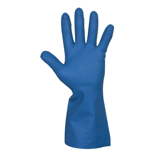 Ein einzelner Abena Re-Seller GmbH Haushaltshandschuhe Nitril, Blau ist aufrecht mit gespreizten Fingern abgebildet und zeigt die strukturierte Oberfläche und das verlängerte Handgelenk auf einem schlichten weißen Hintergrund.
