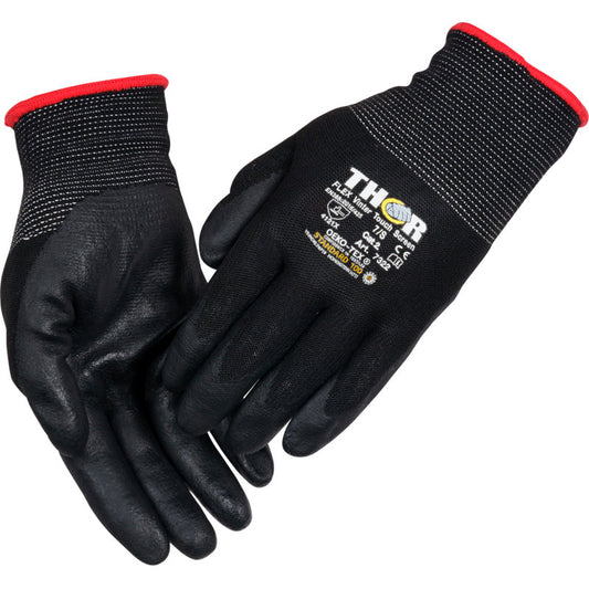 Ein Paar schwarzer Thor Flex Winter Arbeitshandschuhe von Abena Re-Seller GmbH mit rot eingefassten Stulpen und Branding mit Größen- und Sicherheitsangaben in Weiß und Gelb auf dem Handrücken eines Handschuhs.