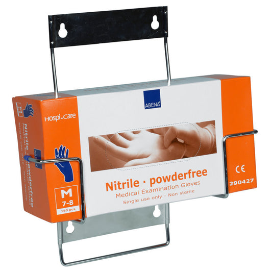 Eine Schachtel mit 150 orange-weißen puderfreien Abena Nitril-Untersuchungshandschuhen (Größe M, 7-8) wird in einem Flexi Rack Wandhalter für Handschuhboxen der Abena Re-Seller GmbH aufbewahrt.