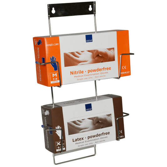 Das Flexi Rack der Abena Re-Seller GmbH ist ein wandmontierter Metallhalter für Handschuhboxen, hier mit zwei medizinischen Einweg-Untersuchungshandschuhboxen: eine orangefarbene mit der Aufschrift "Nitril puderfrei" und eine braune mit der Aufschrift "Latex puderfrei".
