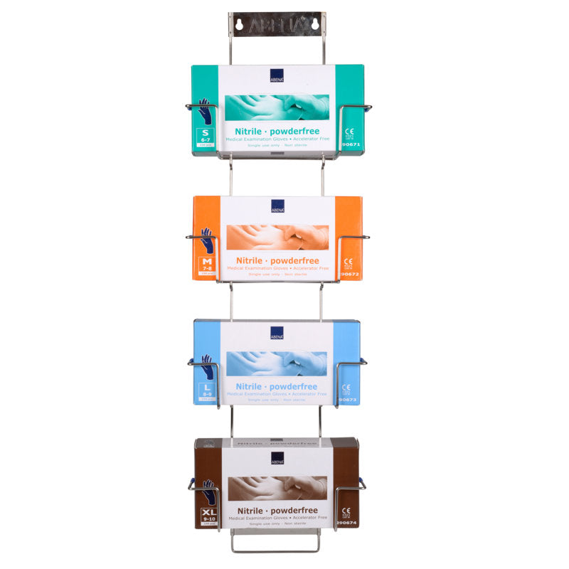 Das Flexi Rack der Abena Re-Seller GmbH ist ein wandmontierter Metallhalter für vier Handschuhboxen - Nitril, puderfrei, in den Größen klein (grün), mittel (orange), groß (blau) und extragroß (braun) - die vertikal gestapelt sind.