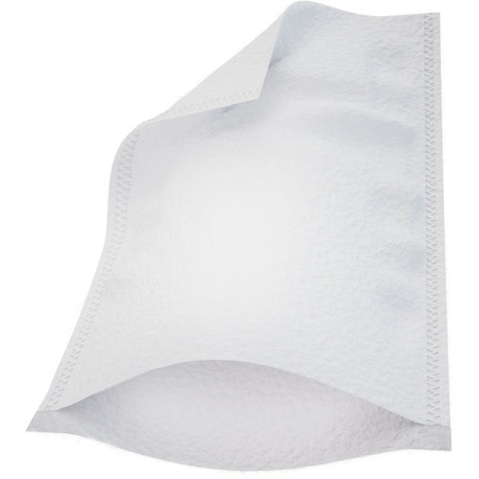 Ein einzelner Abena Re-Seller GmbH Waschhandschuh (16x23 cm, Molton Ultra Sonic, weiß) aus einer 50-Paare-Packung liegt auf weißem Hintergrund. Ein angehobenes Eck zeigt die Dicke und Textur des Pads mit genähten Rändern.