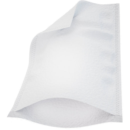 Nahaufnahme eines einzelnen Abena Re-Seller GmbH Waschhandschuhs ECO Molton (22,5x15 cm, Ultra Sonic), die die strukturierte, saugfähige Oberfläche, die vernähten Ränder und die flexible Dicke beim Anheben einer Ecke zeigt. Packung: 50 Paar.