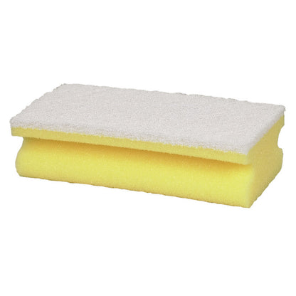 The Abena Re-Seller GmbH cleaning sponge Large (5x7x14 cm) is a rectangular, yellow sponge with a white scouring pad on top, notched on the sides for a better grip, and designed for cleaning large areas.