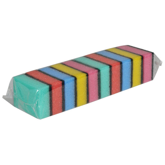 Ein 10er-Pack Abena Re-Seller GmbH Putzschwämme (3x6x9 cm) in verschiedenen Farben mit schwarzer Scheuerschicht, ideal für die Haushaltsreinigung, wird in Klarsichtfolie verpackt.