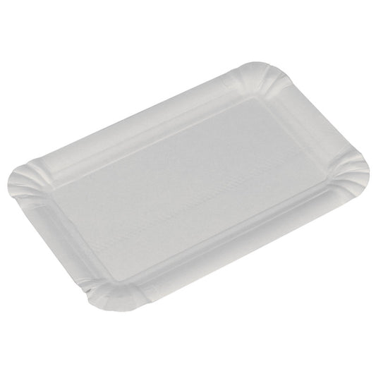 Ein schlichter, weißer, rechteckiger Pappteller (10,5x16,5 cm) der Abena Re-Seller GmbH mit leicht erhöhtem, geriffeltem Rand - ideal für Partys oder Events und in Packungen zu 250 Paar erhältlich. Abgebildet auf weißem Hintergrund.
