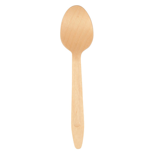 Ein 16 cm Holzlöffel von Abena Re-Seller GmbH, Packung mit 100 Paaren, wird auf weißem Hintergrund präsentiert-eine umweltfreundliche Wahl für nachhaltigen Besteckbedarf.