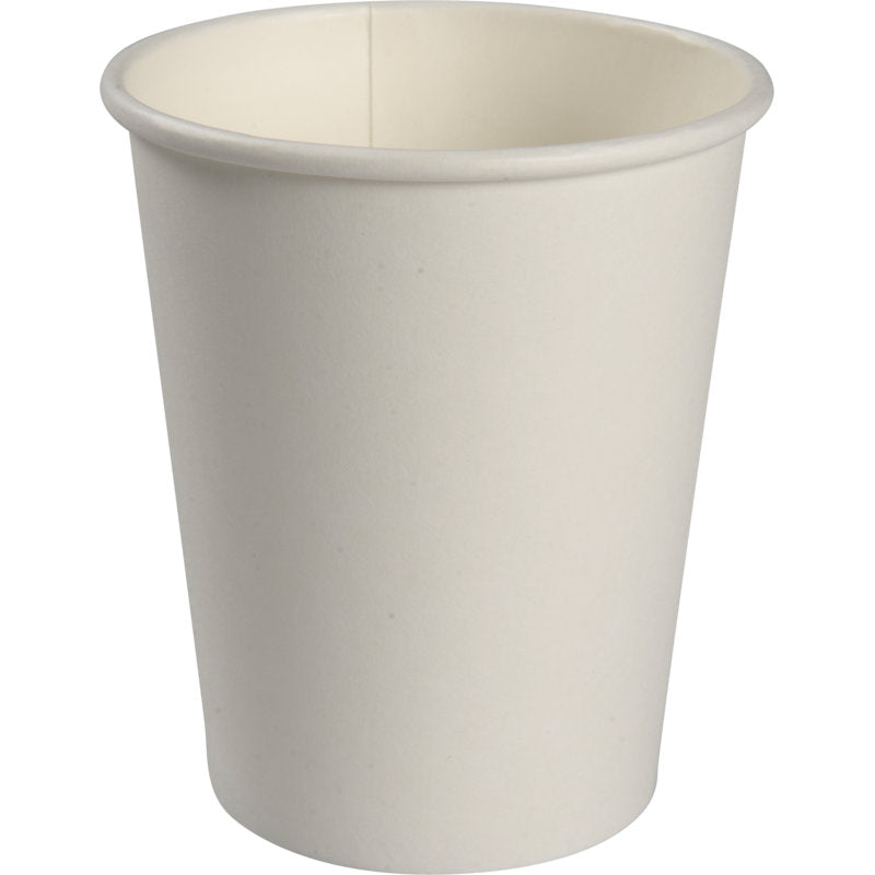 An empty paper cup, White from Abena Re-Seller GmbH stands upright against a white background, showing its smooth surface and slightly rolled rim.