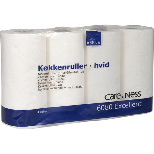 Eine Packung mit vier 2-lagigen weißen Küchenrollen (22,5 cm x 17,85 m) der Abena Re-Seller GmbH mit der Aufschrift "Køkkenruller - hvid", mit mehrsprachiger Verpackung und Werbung für das Saugfähigkeitsmodell "6080 Excellent".