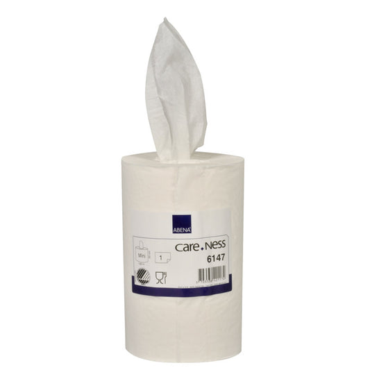Abgebildet ist eine weiße Abena Re-Seller GmbH Handtuchrolle Mini (1-lagig, 20 cm x 120 m) mit einem aus der Mitte hochgezogenen Blatt. Das Etikett zeigt den Produktnamen und Details. Der Karton enthält 12 Packungen.