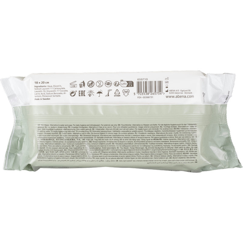 A package of the Abena Re-Seller GmbH discontinued items: Abena moist care wipes (softbox with plastic lid, 80 wipes) with text, barcode, and symbols on the back - perfect for gentle cleaning and hygiene on the go.