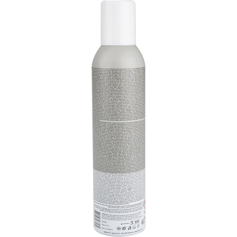 Eine grau-weiße Aerosoldose mit weißer Kappe, beschriftet mit "Reinigungsschaum, 400 ml" von Abena Re-Seller GmbH, ist von hinten mit einer dichten Produktinformation und Anleitung zur Gesichtsreinigung und Make-up-Entfernung abgebildet. Verpackt im 6er-Karton.