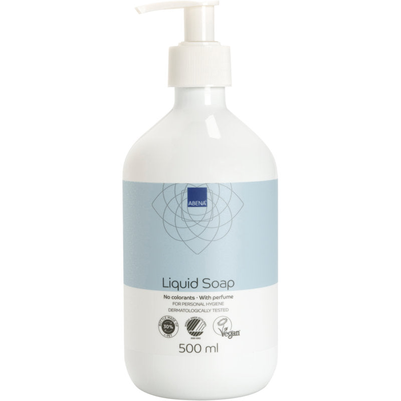 Eine weiße Flasche der Abena Re-Seller GmbH Flüssige Handseife, leicht parfümiert, mit einer Pumpe und blauem Etikett. Die 500 ml vegane Seife ist dermatologisch getestet und frei von Farbstoffen.