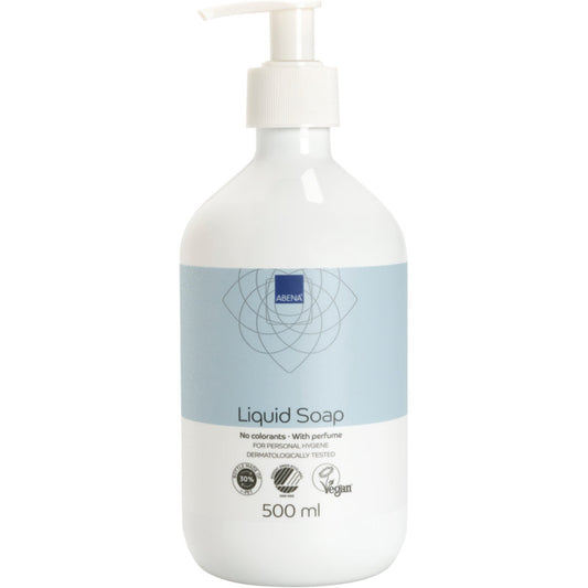 Eine weiße Flasche der Abena Re-Seller GmbH Flüssige Handseife, leicht parfümiert, mit einer Pumpe und blauem Etikett. Die 500 ml vegane Seife ist dermatologisch getestet und frei von Farbstoffen.