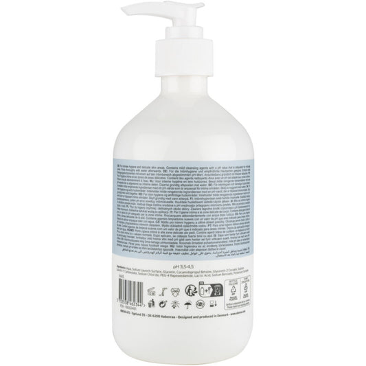Die Abena Re-Seller GmbH Intimpflegeseife (500 ml, Karton mit 6 Packungen) kommt in einer weißen Kunststoff-Pumpflasche mit blauem Etikett und Barcode - ideal für sanfte Reinigung und Intimpflege.