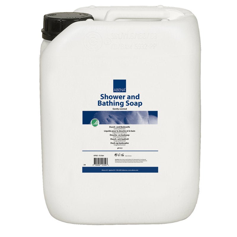 White 5,000-ml plastic bottle with a black cap and the label "Abena Re-Seller GmbH Shower and Bath Soap, lightly perfumed" as well as blue and white text with usage instructions. Sold in a box (2 packs).