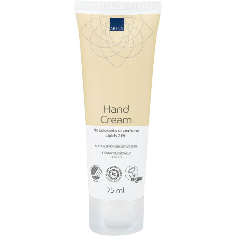 Eine 75 ml Tube der Abena Re-Seller GmbH Handcreme, 21% Fettgehalt, unparfümiert, ist mit einem beige-weißen Etikett versehen. Sie ist dermatologisch getestet, vegan, ideal für empfindliche Haut und enthält 21% Lipide.