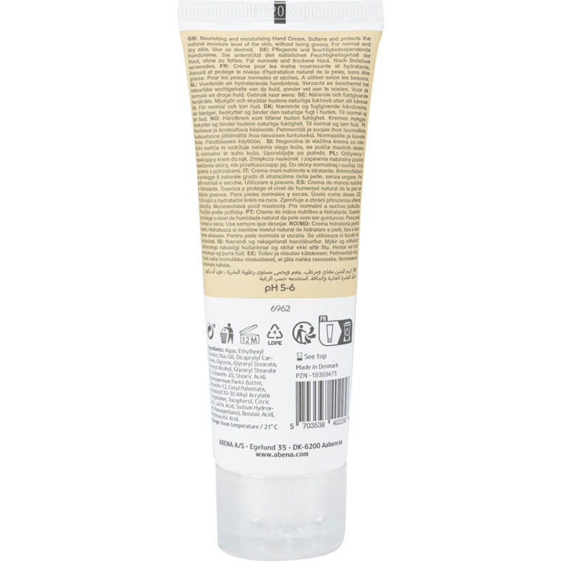 Eine beige-weiße Tube der Abena Re-Seller GmbH Handcreme (21% Fettgehalt, unparfümiert) steht aufrecht mit einem Rückenetikett mit Angaben, Symbolen, Inhaltsstoffen und einem Barcode. Die Tube hat einen transparenten Flip-Top-Verschluss.