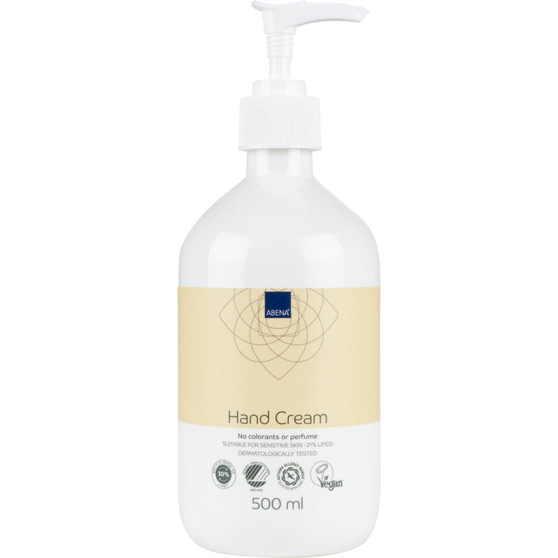 Eine 500 ml Pumpflasche der Abena Re-Seller GmbH Handcreme, 21% Fettgehalt, unparfümiert. Dermatologisch getestet, vegan, für empfindliche Haut geeignet; enthält keine Farbstoffe und kein Parfüm. Beigefarbenes Etikett.