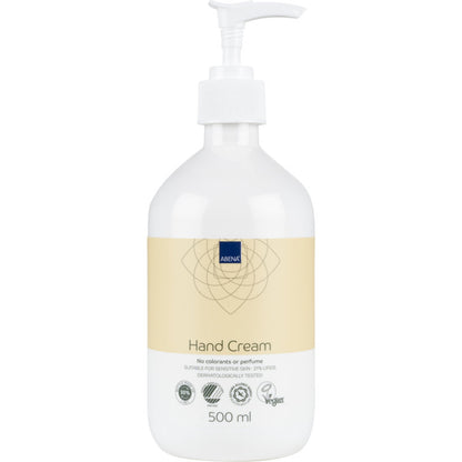 A 500 ml pump bottle of Abena Re-Seller GmbH hand cream, 21% fat content, unscented. Dermatologically tested, vegan, suitable for sensitive skin; contains no dyes and no perfume. Beige label.