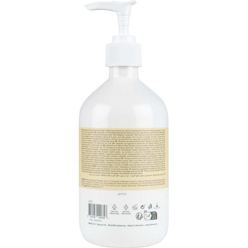 Abgebildet ist eine weiße Pumpflasche der Abena Re-Seller GmbH Handcreme (21% Fettgehalt, unparfümiert) mit einem beigen Etikett, auf dem Produktangaben und Inhaltsstoffe in mehreren Sprachen aufgeführt sind, von hinten vor einem weißen Hintergrund.